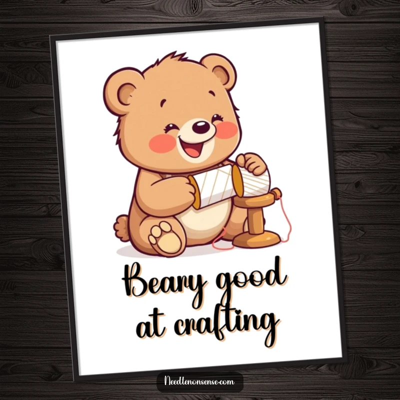 Funny Free Printable Wall Art depicting a jolly bear cub wearing a sewing thimble, energetically hammering a spool.