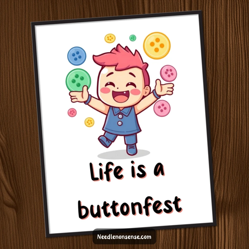 Funny Free Printable Wall Art: A joyful character comically juggles a vibrant assortment of sewing buttons with energetic flair.