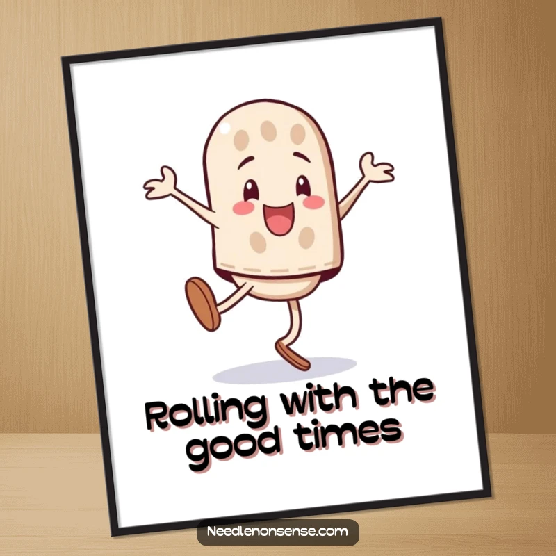 Funny Free Printable Wall Art: A playful thimble character is captured mid-triumphant cartwheel, full of dynamic energy.