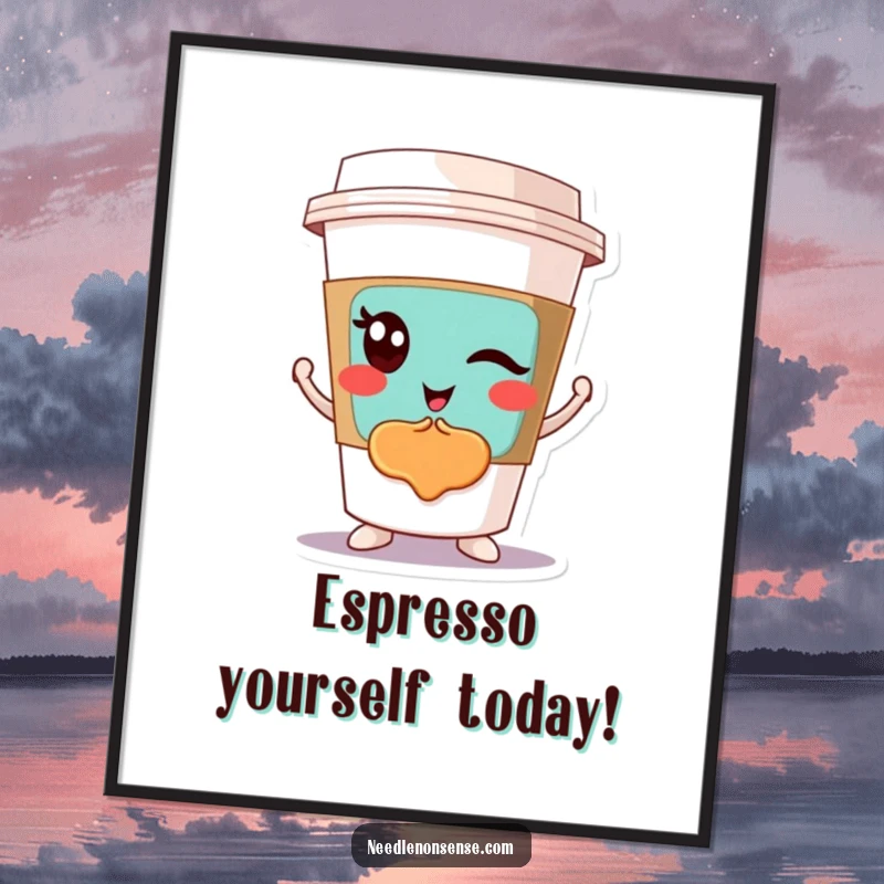 Funny Free Printable Wall Art: Winking coffee cup proudly displays a colorful abstract design, a hip DIY decor.