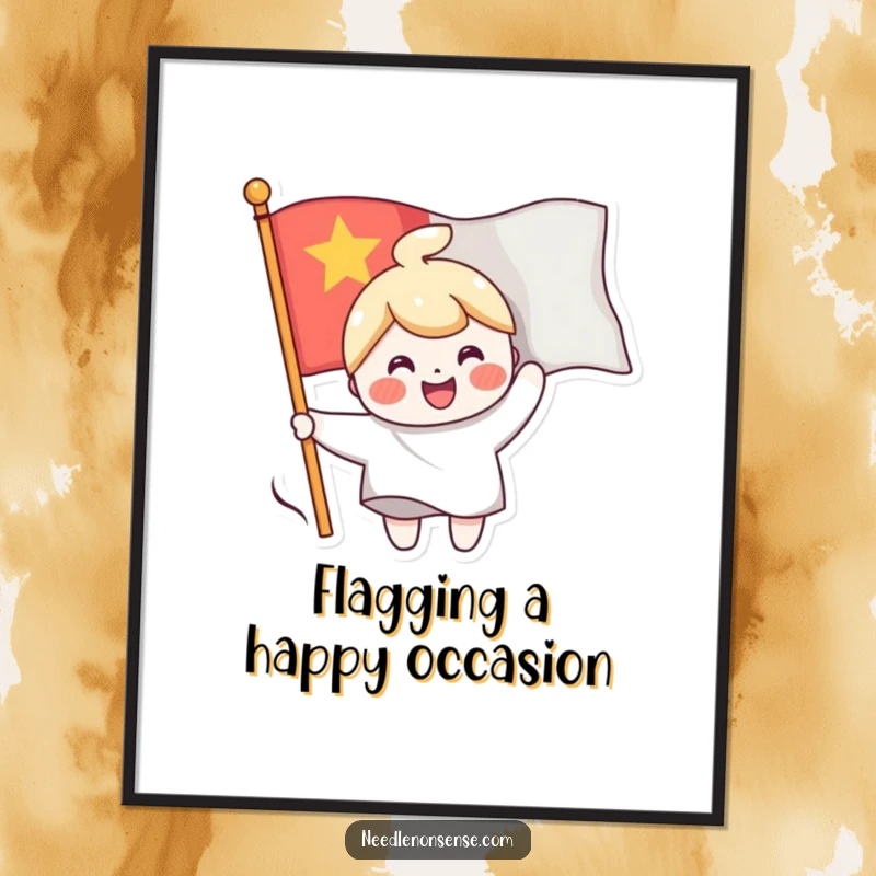 Funny Free Printable Wall Art: Cheerful character sewing a smiling face onto a waving flag, uplifting and decorative.