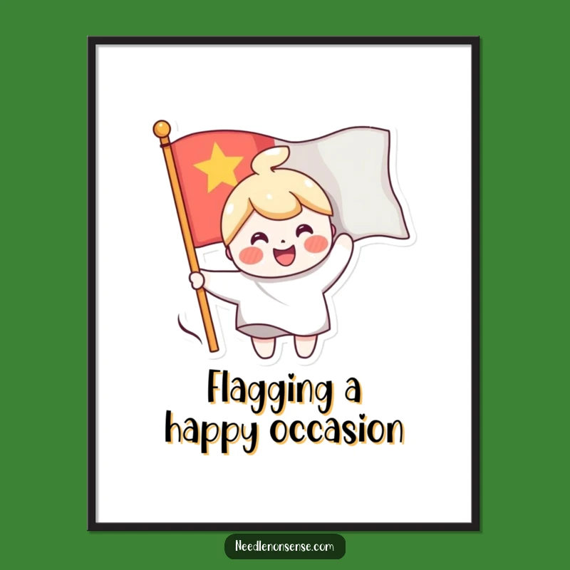 Funny Free Printable Wall Art: Flag Sewing Character, Cheerful Home Decor Download