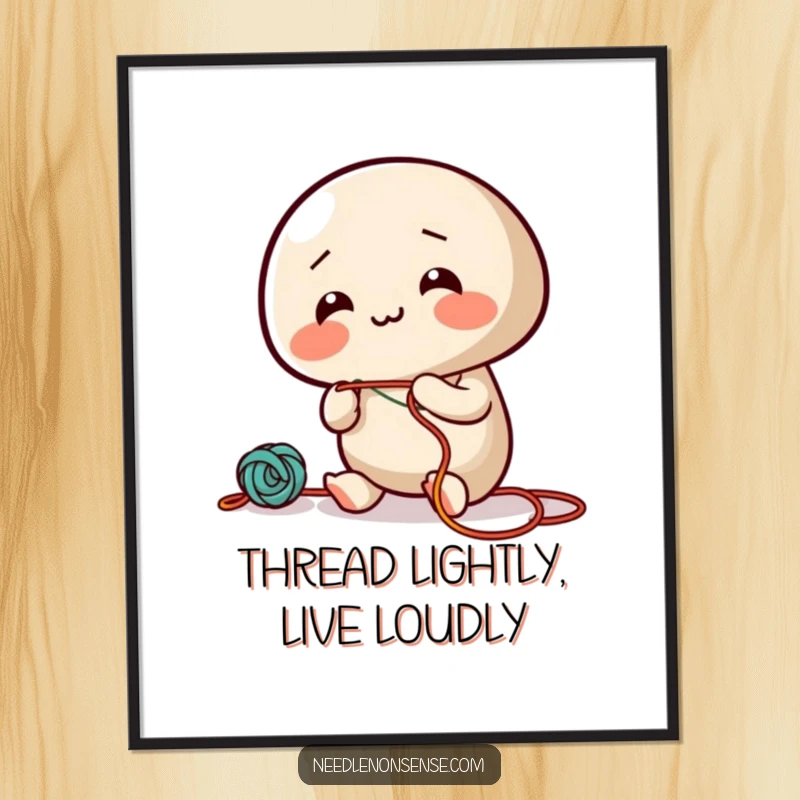 Funny Free Printable Wall Art: a giggling needle character happily threading colorful string, radiating creative energy.