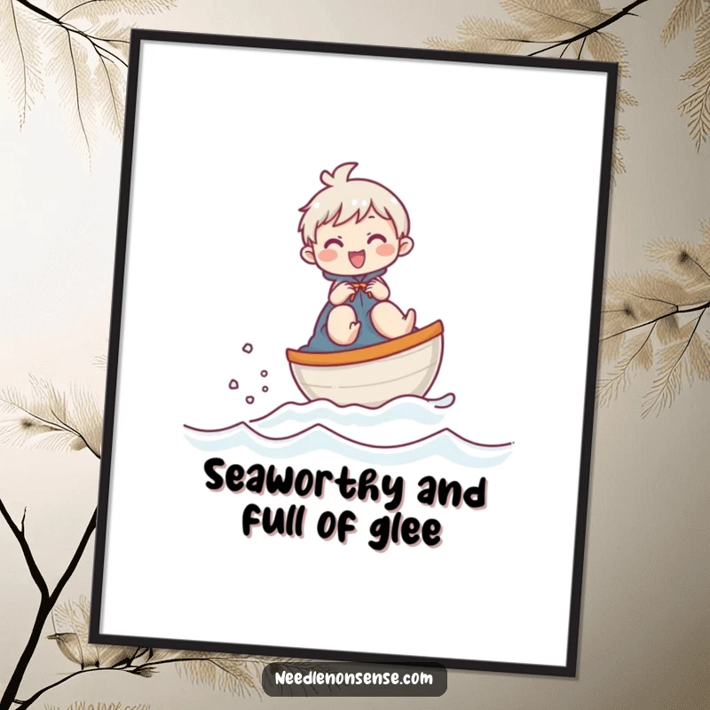 Funny Free Printable Wall Art: Giggling character humorously sailing a thimble like a tiny boat across fabric.