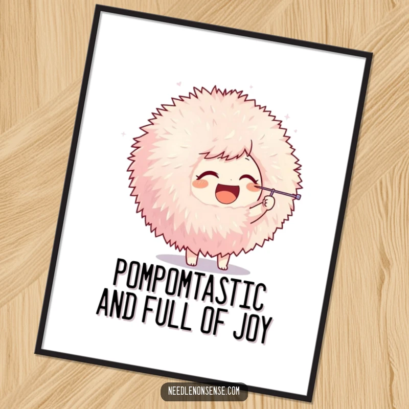 Funny Free Printable Wall Art: Joyful character playfully poking a giant fluffy pom-pom with a needle, whimsical art.