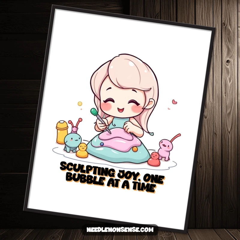 Funny Free Printable Wall Art of a bubbly soda character happily sculpting tiny figures from colorful putty.