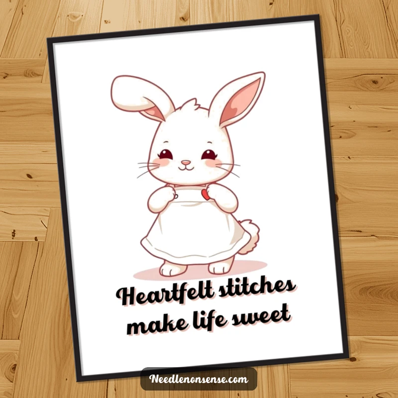 Funny Free Printable Wall Art: Playful bunny in a cute apron, sewing a tiny heart, delightful handmade decor.