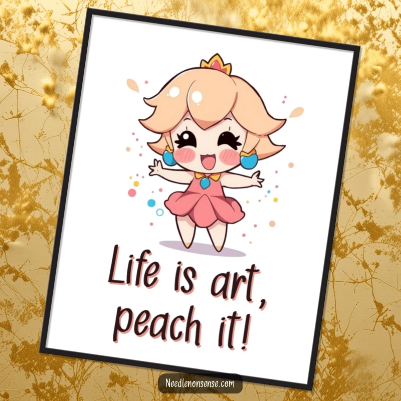 Funny Free Printable Wall Art: Playful peach enthusiastically creates a splatter paint effect, a vibrant DIY decor.