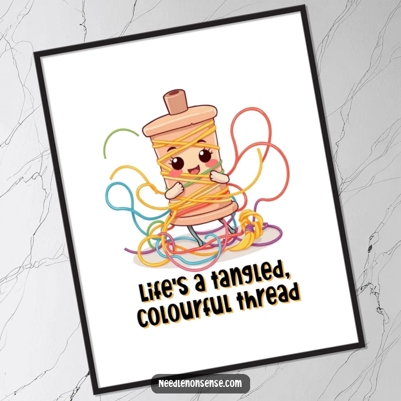 Funny Free Printable Wall Art: A cute bobbin character caught in a delightful, spiraling mess of vibrant threads.