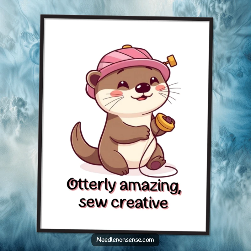 Funny Free Printable Wall Art of a playful otter with a spool hat, spinning with pure happiness.