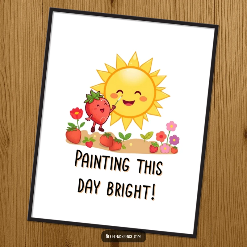 Funny Free Printable Wall Art: A happy strawberry joyfully paints a giant smiling sun, adding cheer to any wall, DIY decor.