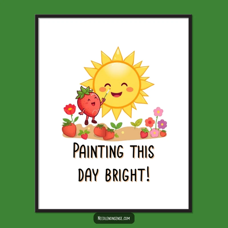 Funny Free Printable Wall Art: Strawberry Paints the Sun, Cheerful Downloadable Decor