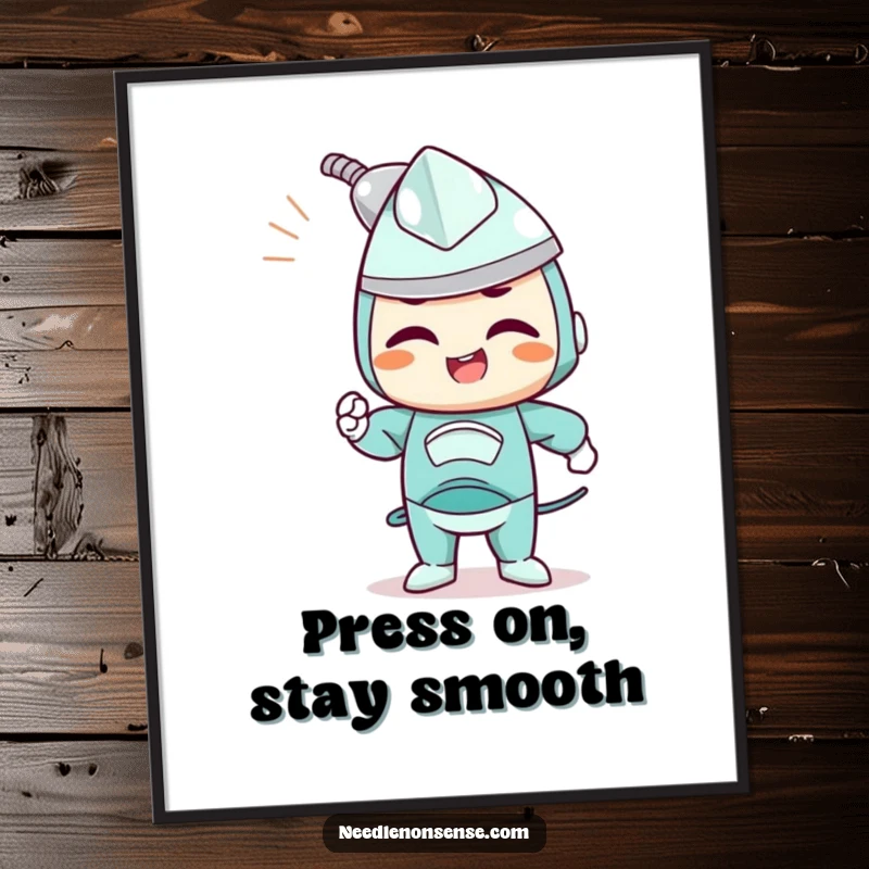 Funny Free Printable Wall Art: a determined iron character joyfully smoothing out wrinkles, bringing a sense of calm and order.