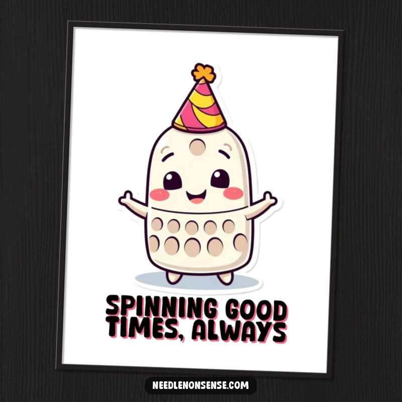 Funny Free Printable Wall Art: A smiling thimble character in a party hat, captured mid-spin with pure joy.