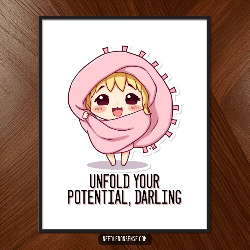 Funny Free Printable Wall Art: a curious fabric swatch character excitedly unfurling, revealing a tapestry of bright colors and patterns.