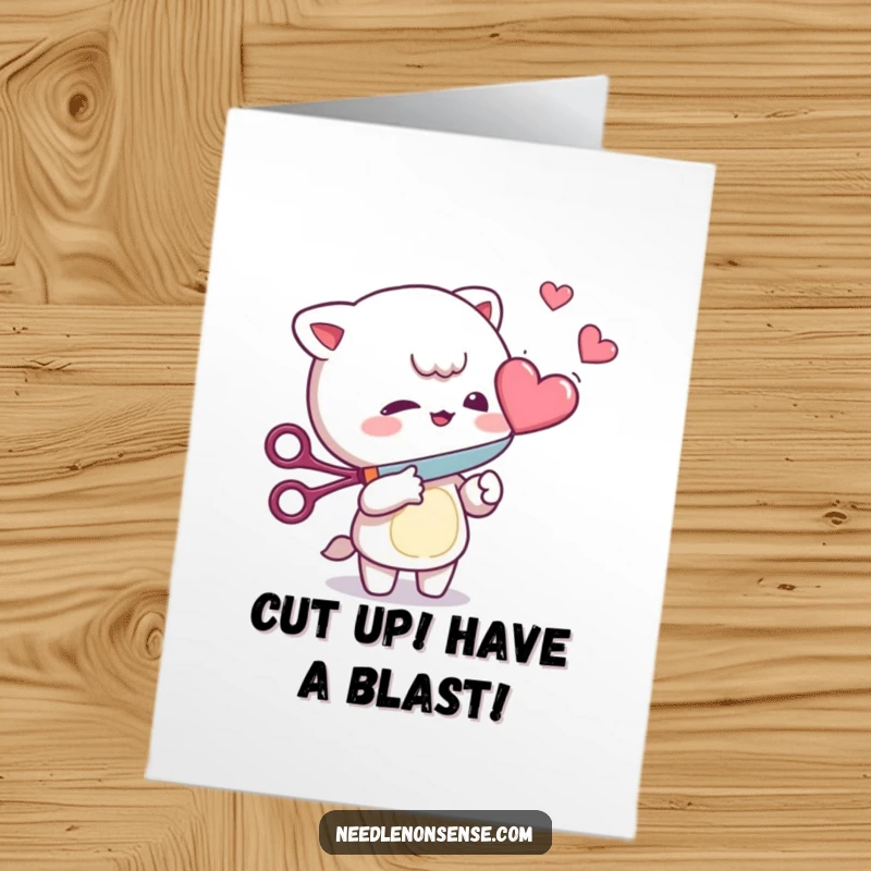 Funny Free Printable Birthday Card featuring a mischievous character playfully snipping a floating heart with scissors.