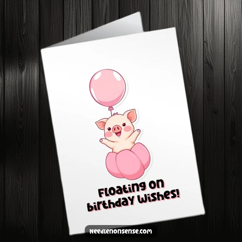 Funny Free Printable Birthday Card: A cute kawaii piglet floats happily upwards on a big, colorful balloon.