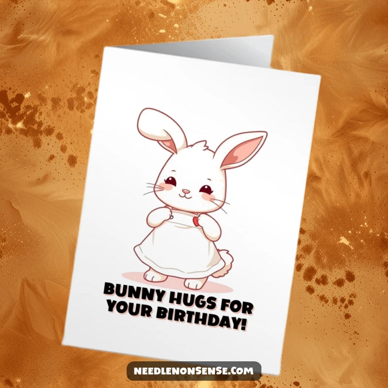 Funny Free Printable Birthday Card: Playful bunny in an apron, sweetly stitching a tiny heart with a needle.