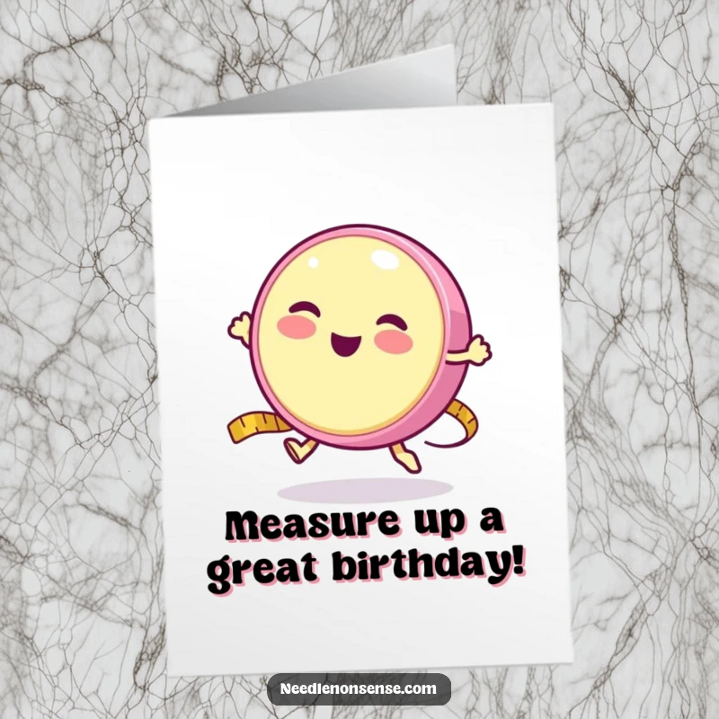 Funny Free Printable Birthday Card: A round measuring tape character happily bouncing up and down like a yo-yo.