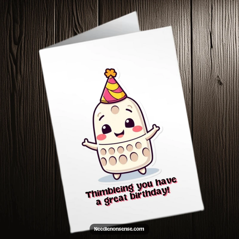 Funny Free Printable Birthday Card: A smiling thimble character in a party hat, joyfully spinning around.