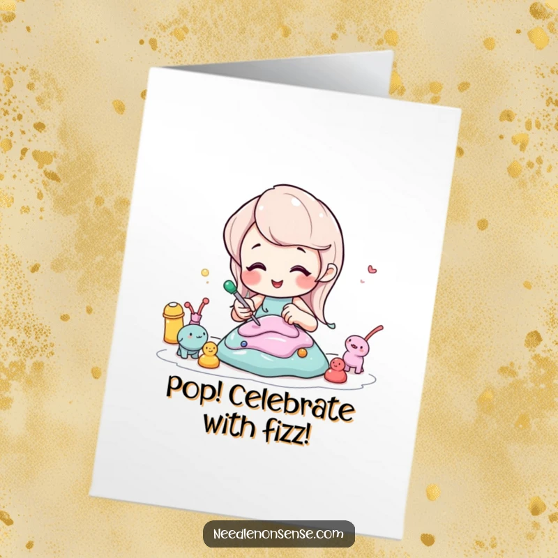 Funny Free Printable Birthday Card: a bubbly soda character happily sculpting tiny figures from colorful putty.