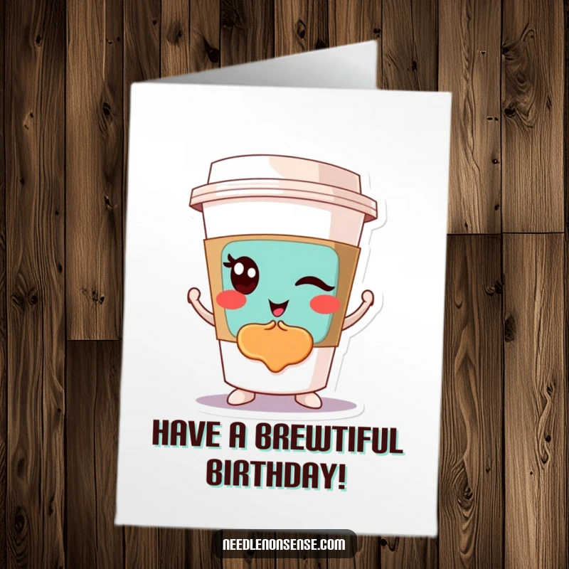 Funny Free Printable Birthday Card: Winking coffee cup proudly displays a colorful abstract design, a cool DIY gift for art lovers.