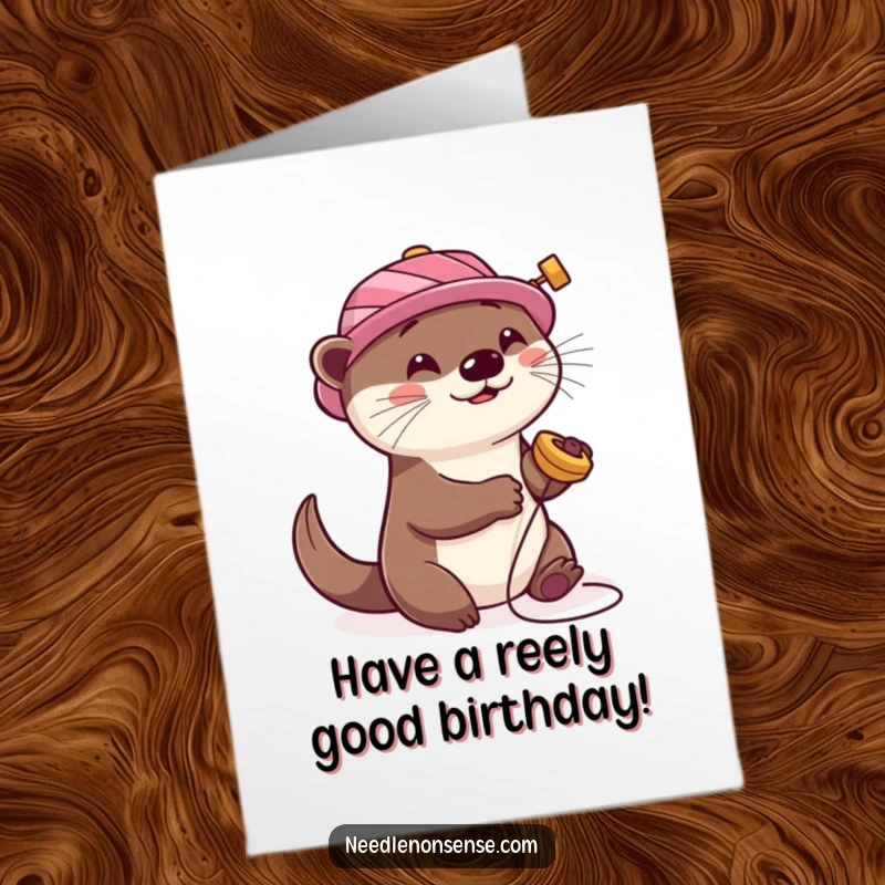 Funny Free Printable Birthday Card featuring a playful otter wearing a spool hat, happily spinning around.