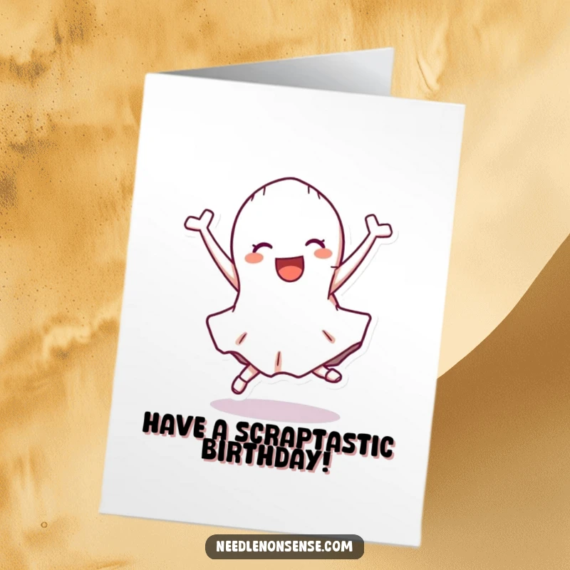 Funny Free Printable Birthday Card with a delighted fabric scrap character executing a perfect cartwheel.