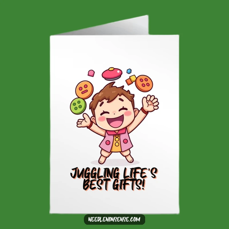 Free Printable Birthday Card: Button Juggler Character, Energetic Fun Downloadable Gift
