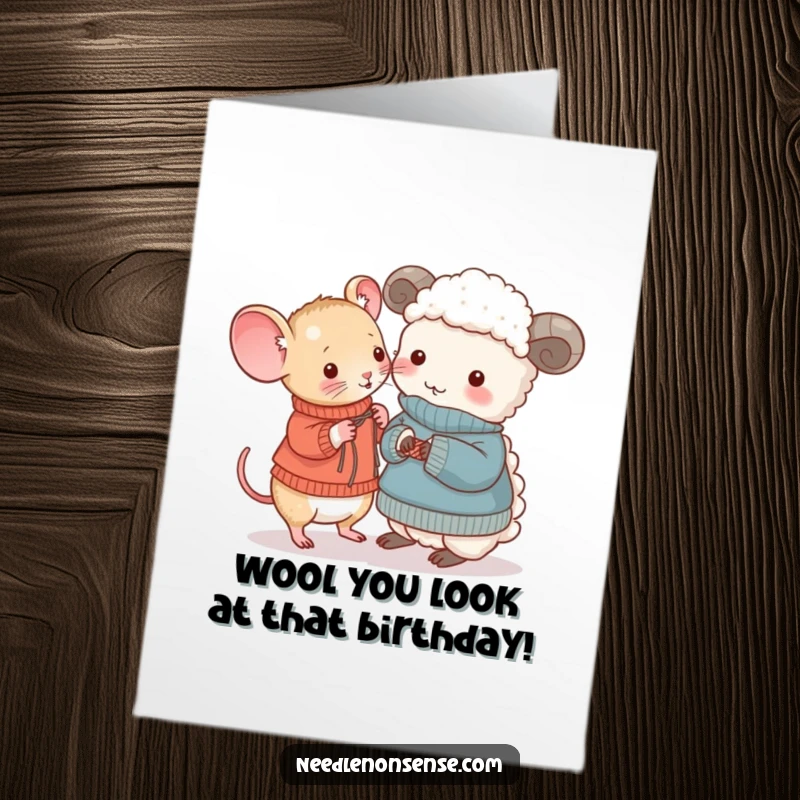 Funny Free Printable Birthday Card: Tiny mouse knitting a sweater for an amused sheep, a heartwarming scene.