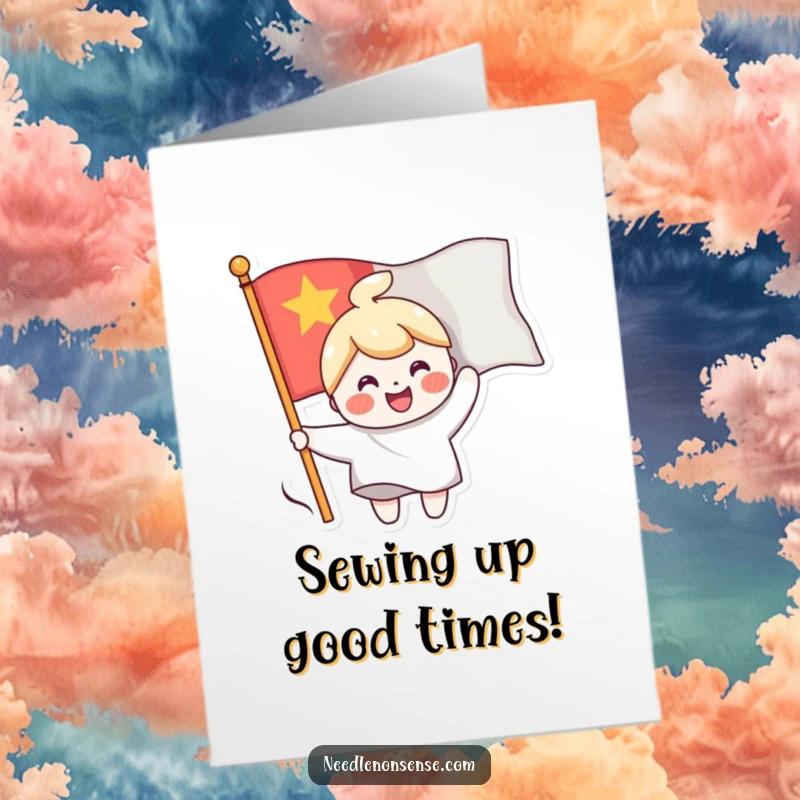 Funny Free Printable Birthday Card: Cheerful character sewing a smiling face onto a waving flag, celebratory and happy.