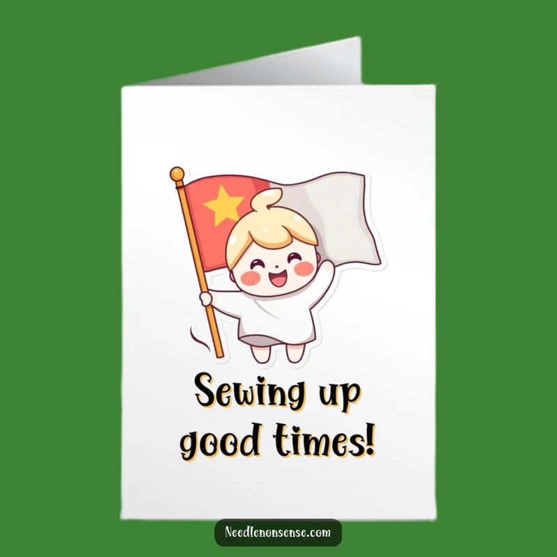 Free Printable Birthday Card: Flag Sewing Character, Cheerful Downloadable Gift