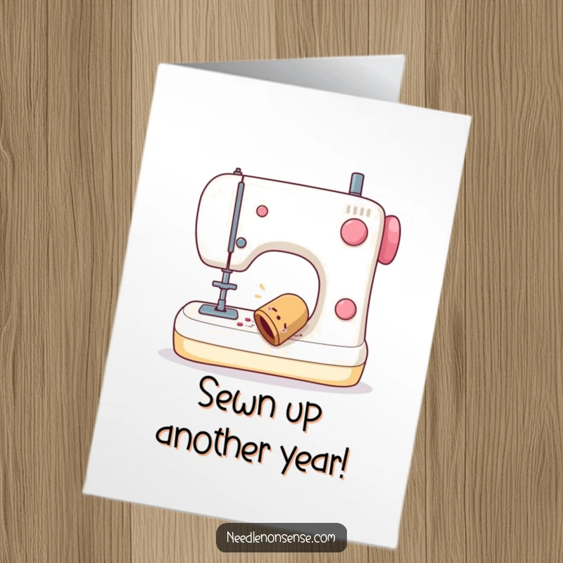 Funny free printable birthday card featuring a thimble comically falling off a sewing machine with a wobbly motion.