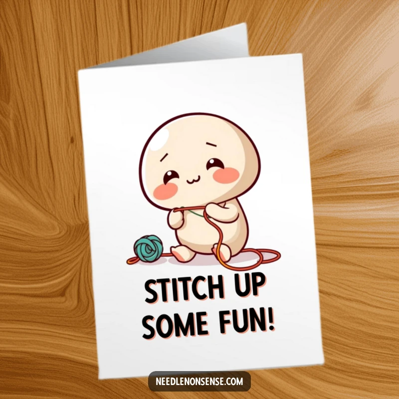 Funny Free Printable Birthday Card with a giggling needle character enthusiastically threading colorful string, sewing a smile.