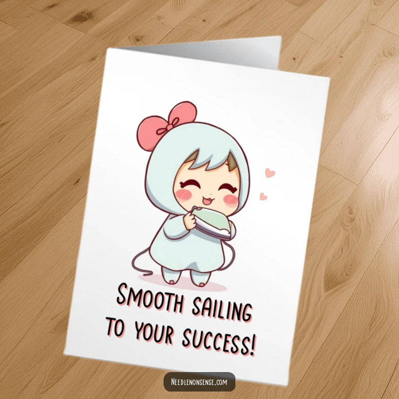 Funny Free Printable congratulations card featuring a blushing character trying to iron a wrinkle from the empty air, a DIY gift.