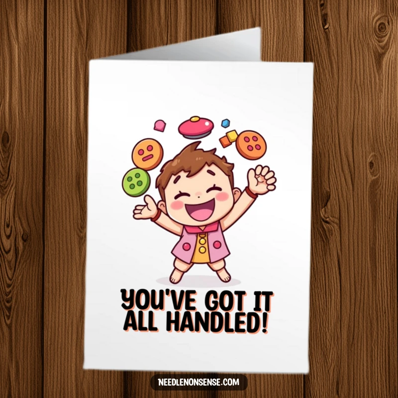 Funny Free Printable Congrats Card: Happy character energetically juggling multiple colorful buttons, symbolizing skill and celebration.