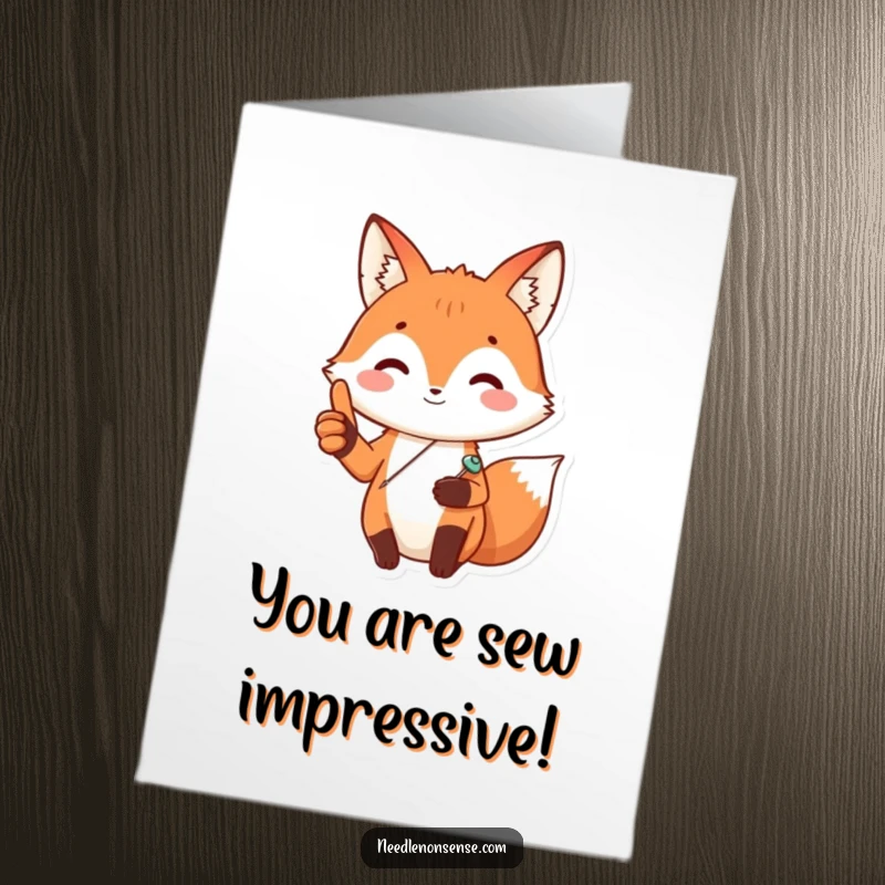 Funny Free Printable Congrats Card showing a happy fox with a sewing pin, giving a great thumbs up.