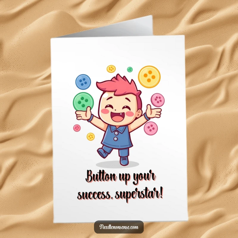 Funny Free Printable Congratulations Card: Cheerful character energetically juggles an explosion of colorful buttons, celebrating success.