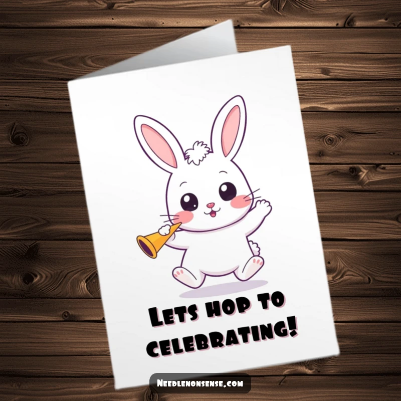 Funny Free Printable Congratulations Card of a bouncing kawaii bunny with wide eyes, holding a party horn to celebrate.