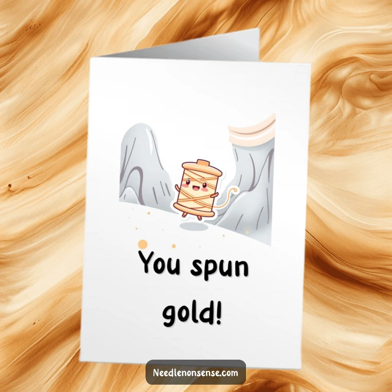 Funny Free Printable Congratulations Card: A happy spool of thread character joyfully zipping across a fabric landscape, symbolizing advancement.