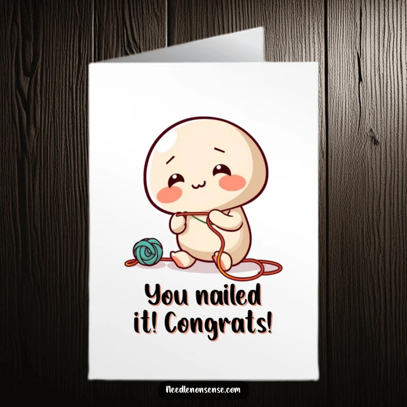 Funny Free Printable Congratulations Card: a cheerful needle character enthusiastically threading string, symbolizing success and new beginnings.