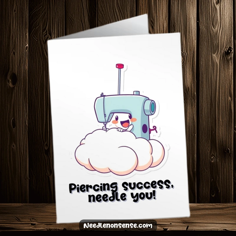 Funny Free Printable Congratulations Card: A sewing needle character joyfully piercing a soft, oversized fabric cloud.