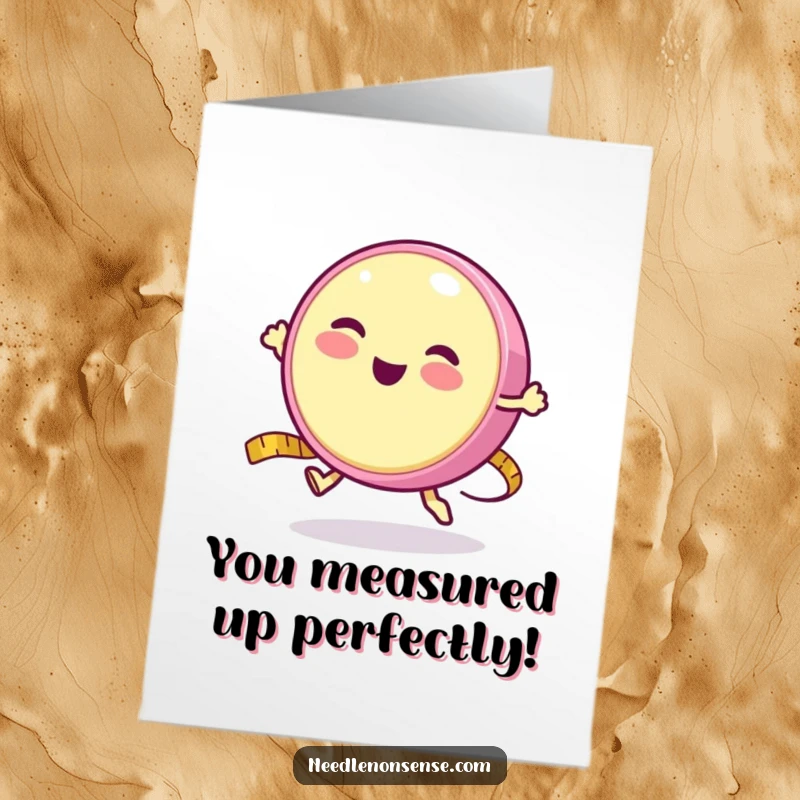 Funny Free Printable Congratulations Card: A round measuring tape character happily bouncing like a yo-yo, reaching new limits.