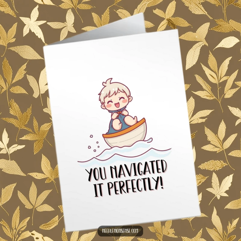 Funny Free Printable Congrats Card: Giggling character in a thimble boat, celebrating success with maritime humor.