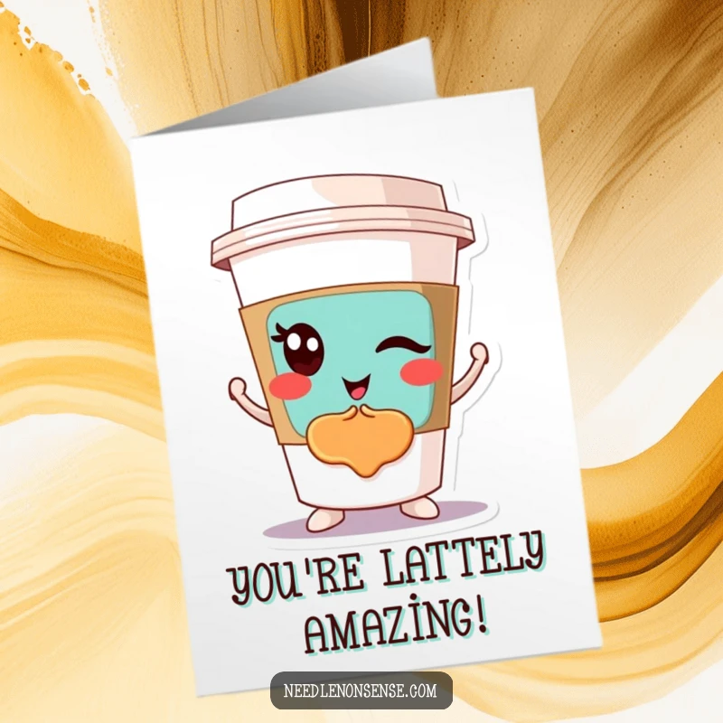 Funny Free Printable Congrats Card: A winking coffee cup proudly displays a colorful abstract design, a stylish DIY gift.