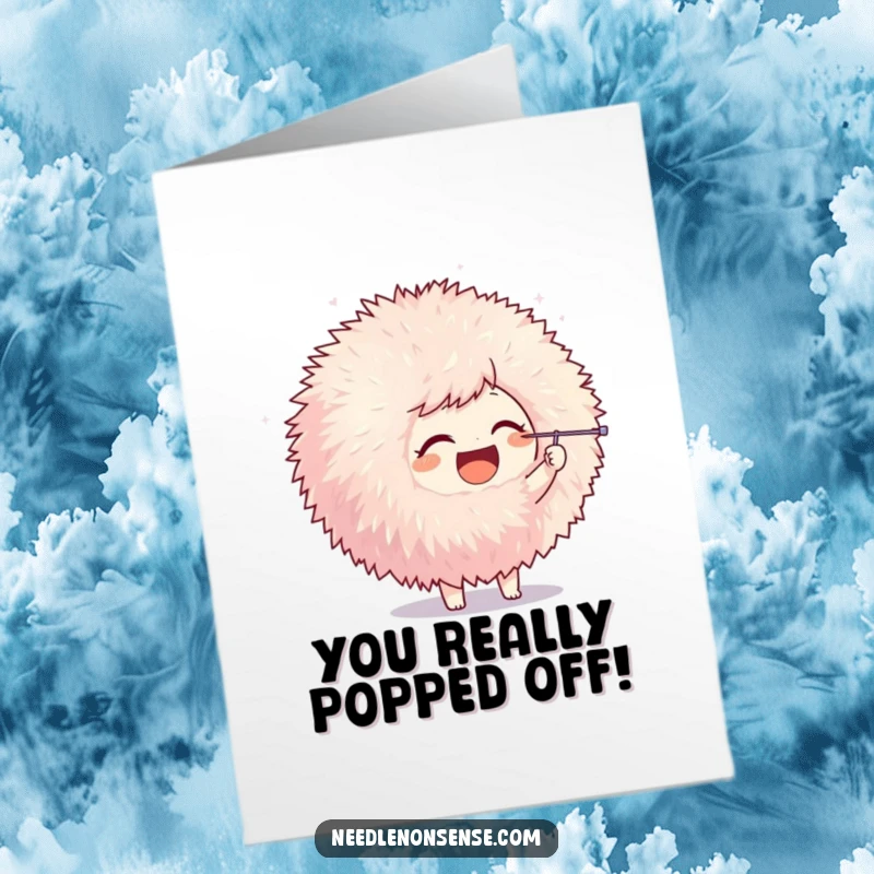 Funny Free Printable Congrats Card: Joyful character playfully poking a giant pom-pom with a needle, celebrating accomplishment.