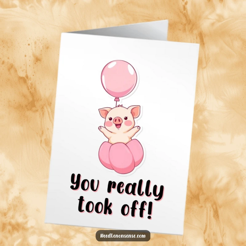 Funny Free Printable Congrats Card: A smiling kawaii piglet ascends into the sky on a balloon.