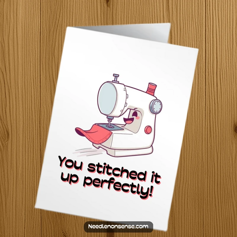Funny Free Printable Congratulations Card: A mischievous sewing machine character zooming gleefully across fabric.