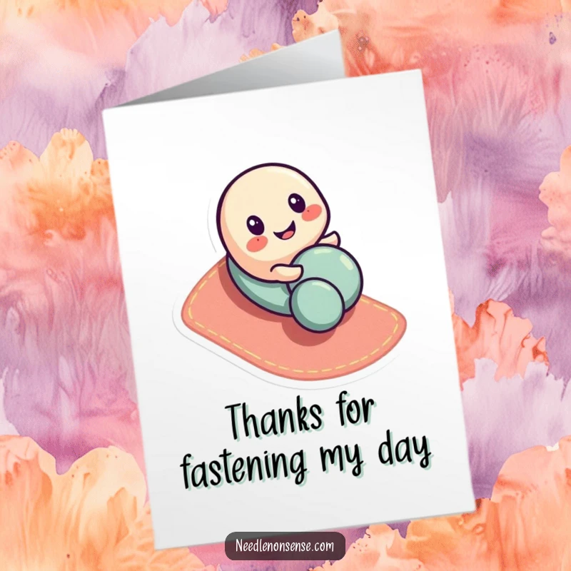 Funny Free Printable Thank You Card with a smiling button character rolling down fabric, playfully expressing gratitude.