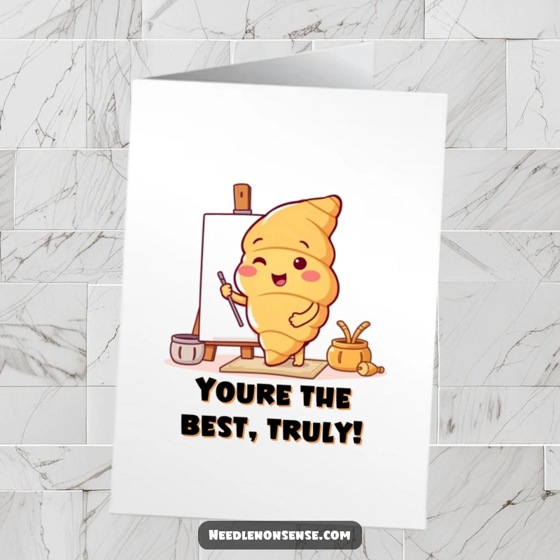 Funny Free Printable Thank You Card of a cheerful croissant character enthusiastically preparing a canvas.